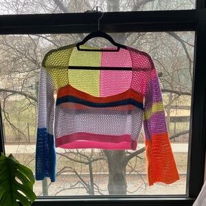 colorful crochet cropped knit sweater with square neckline & flare long sleeves